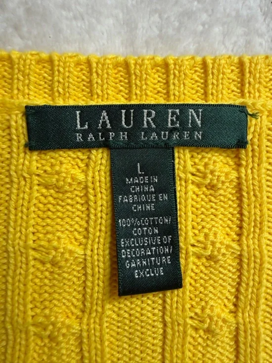 Lauren Ralph Lauren Cotton Bright Yellow V-neck Cable Knit Sweater - Picture 4 of 12